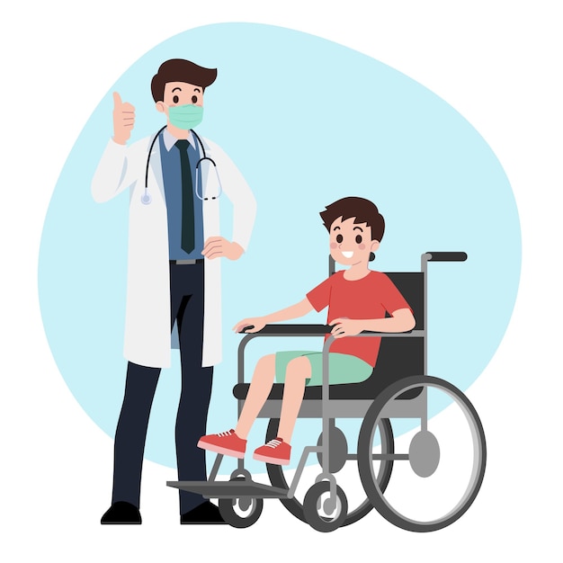 Patient boy sit on a wheel chair with primary care physician man at hospital office Clinic appointment meeting with doctor giving medical care about checkup results Vector character illustration