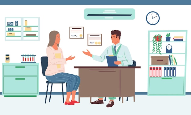 Patient consultation. doctor appointment and examination, cartoon character visit physician or psychologist. medical healthcare scene, specialist office interior, profession vector flat illustration