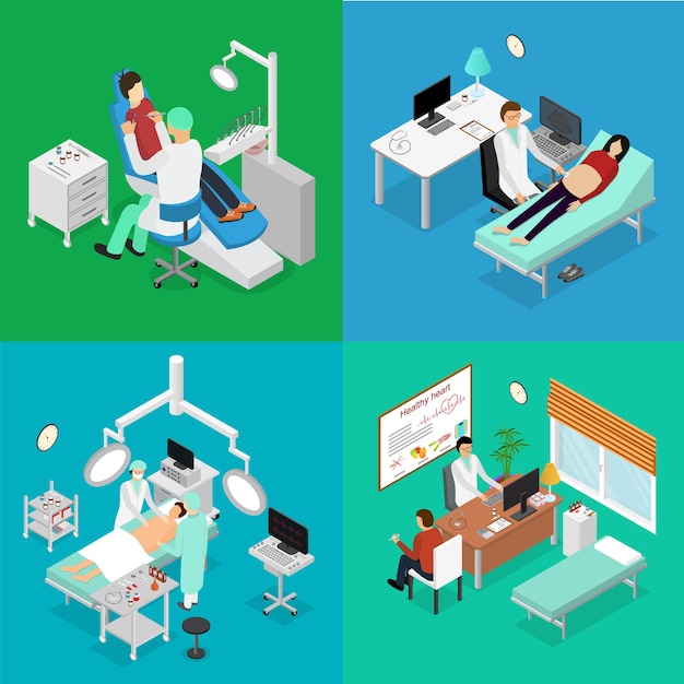 Patient and Doctor Appointment Isometric View. Diagnosis Consultation Surgery and Rehabilitation Specialist in Cabinet Interior of Clinic Vector illustration