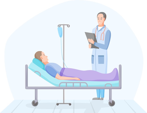 Patient and doctor in hospital room ill man on intravenous therapy healthcare concept vector