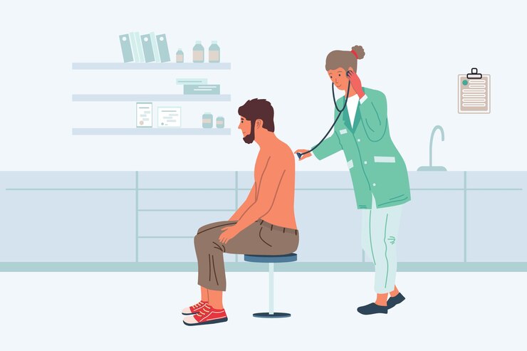 Vector patient examination visit to doctor physician checks health of sick male medical worker with stethoscope ill man treatment clinic professional consultation vector illustration