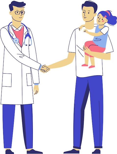 Терпеливый отец и дочь признательны доктору с рукопожатием