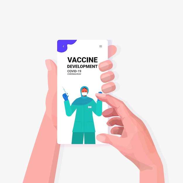 Patient hands discussing with female arab doctor during video call smartphone screen vaccination online consultation concept portrait vector illustration