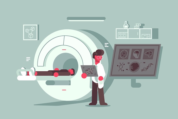 Вектор Пациент проходит процедуру магнитно-резонансной томографии в больнице