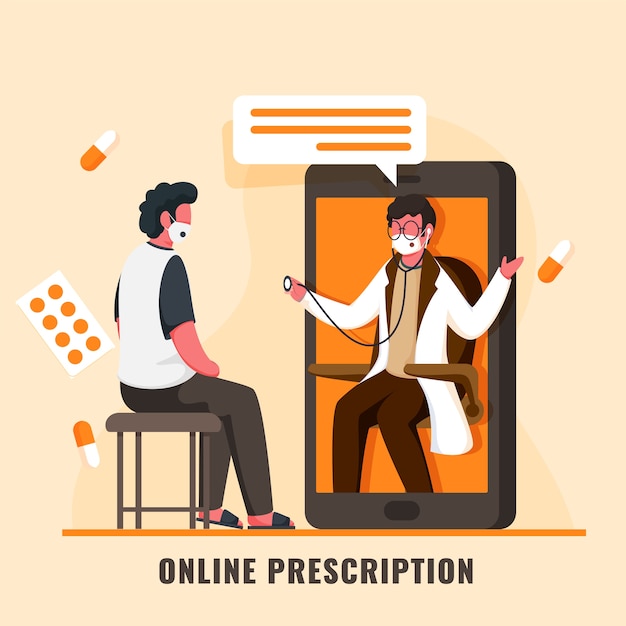 Patient having online checkup from doctor man in smartphone with medicines on light orange background.