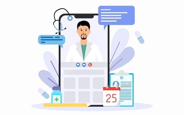 医師オンラインヘルスケアサービスとオンライン会話をしている患者