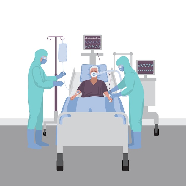 Vector patient in intensive care with a ventilator lung ventilation saving lives