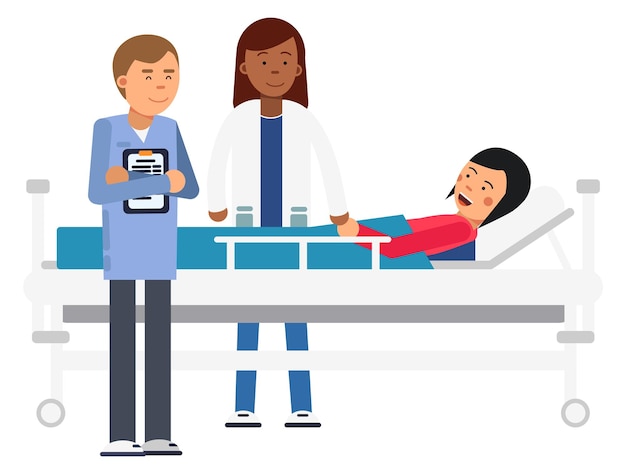 Vector patient lay on hospital bed with doctor and nurse around