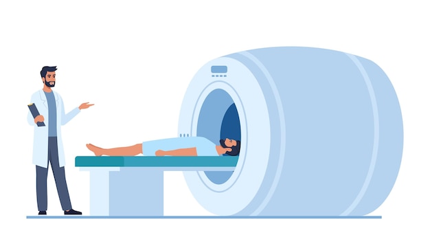 patient lying on mri scan machine with doctor standing next to him magnetic