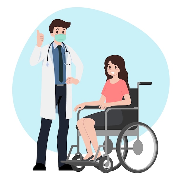 Patient man sit on a wheel chair with primary care physician woman at hospital office Clinic appointment meeting with doctor giving medical care about checkup results Vector character illustration