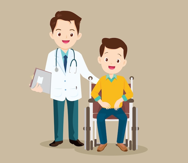 Patient man sit on a wheelchair with doctor take care.careful caregiver taking care of the patient