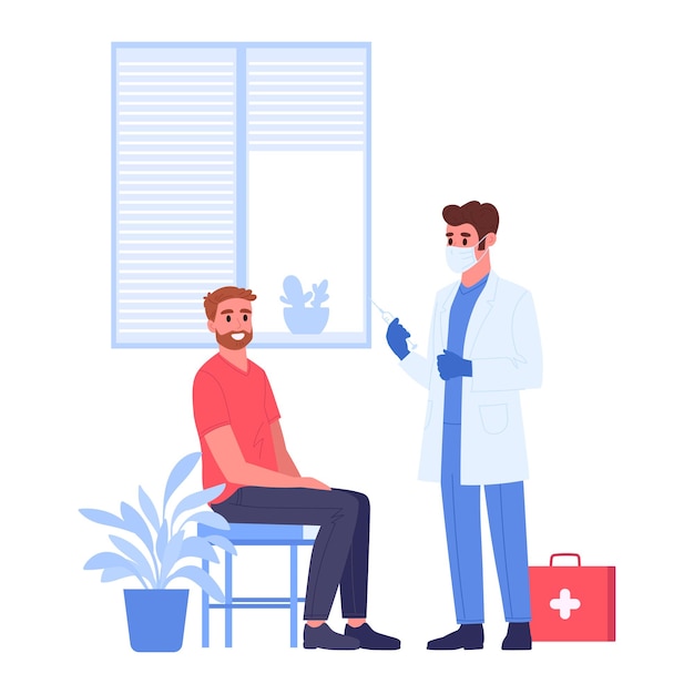 patient at medical clinic vaccination or blood sampling doctor with syringe and patient medical appointment flat vector illustration healthcare and medicine concept