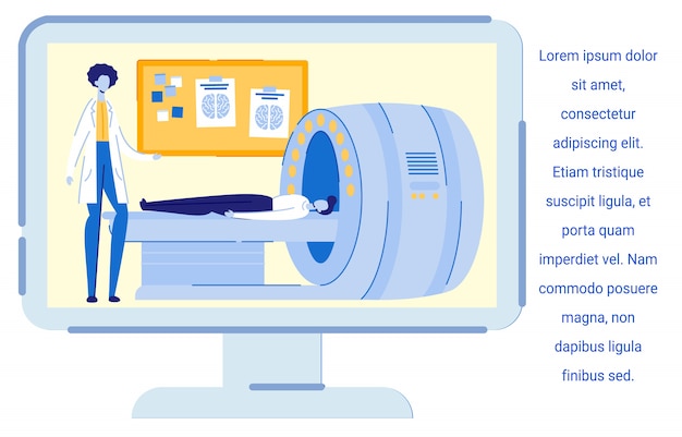 Vector patient in mri scanner, doctor looking at man.