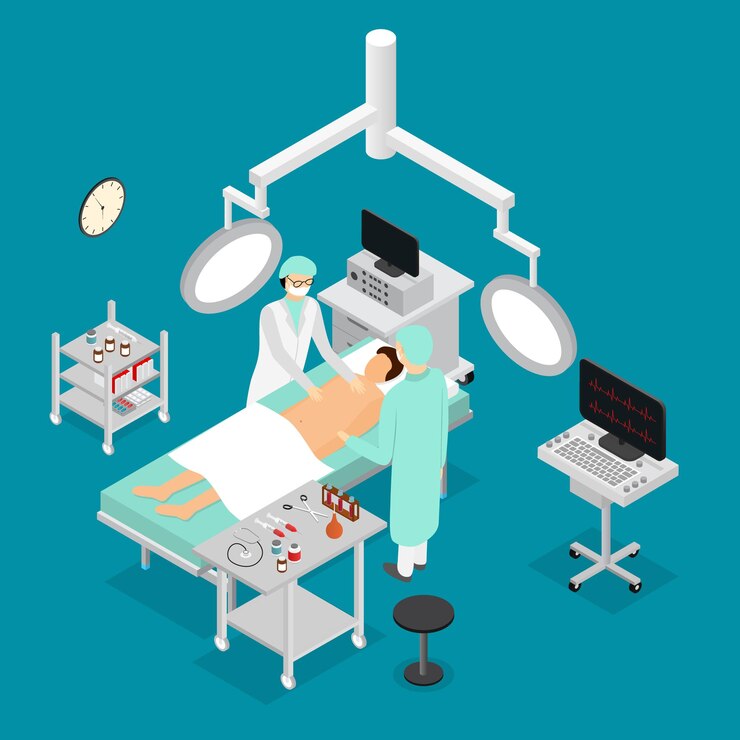 Vector patient, nurse and doctor in surgery operating room interior of clinic isometric view