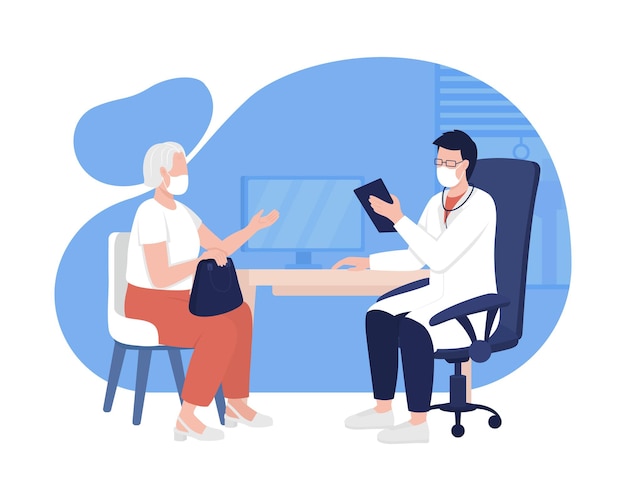 Patient and physician meeting 2D vector isolated illustration. Medical care appointment for older patient flat characters on cartoon background. Visiting hospital with health issues colourful scene