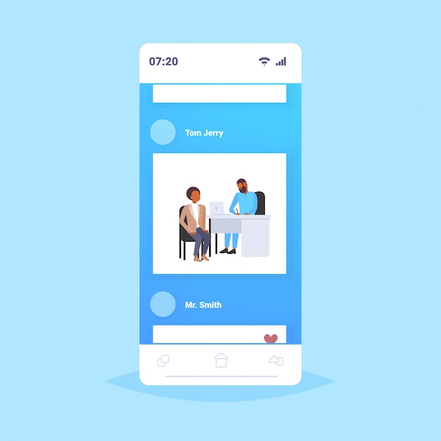 Patient receiving a prescription african american man having consultation with male doctor sitting at workplace medicine and healthcare concept smartphone screen mobile app full length