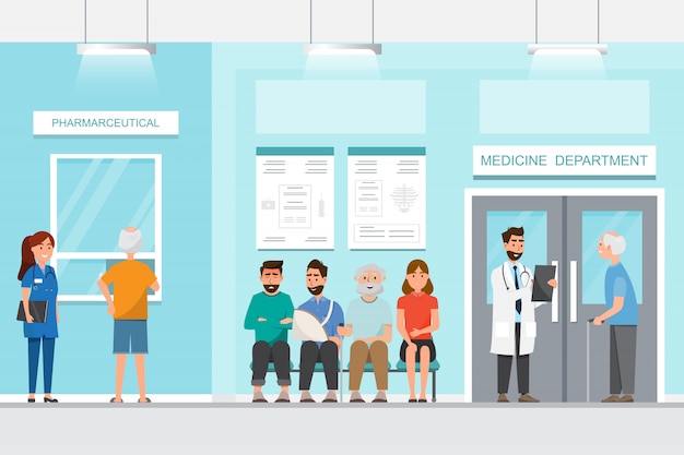 Vector patient sit and wait in front of room at hospital