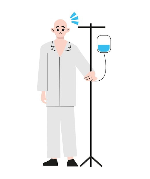 Patient suffer from cancer disease. male character oncology patient with a dropper getting a chemo.