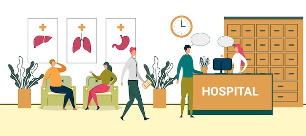 Vector patient talk to receptionist in hospital hall illustration