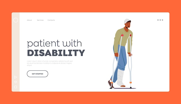 Patient with Disability Landing Page Template Man with Leg and Head Fracture Walk on Crutches Injured Character