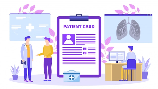 Patient with medical card talk with doctor about lungs x-ray illustration.