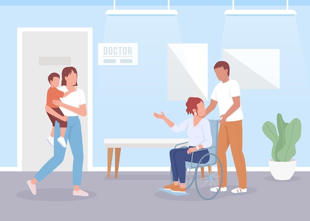 Vector patients in clinic corridor flat color vector illustration