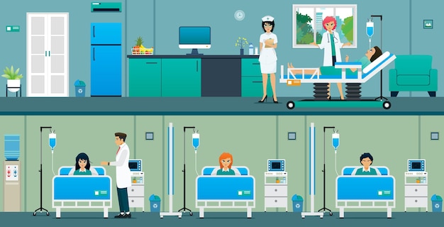 Vector patients in a hospital room with a great room and a common room.