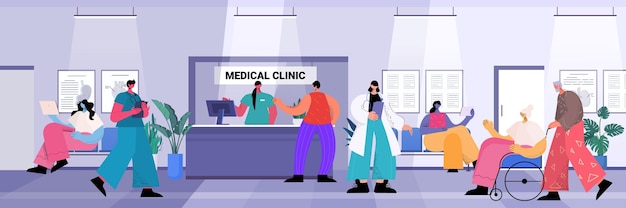 Patients and medical clinic workers in hospital corridor healthcare concept full length horizontal vector illustration