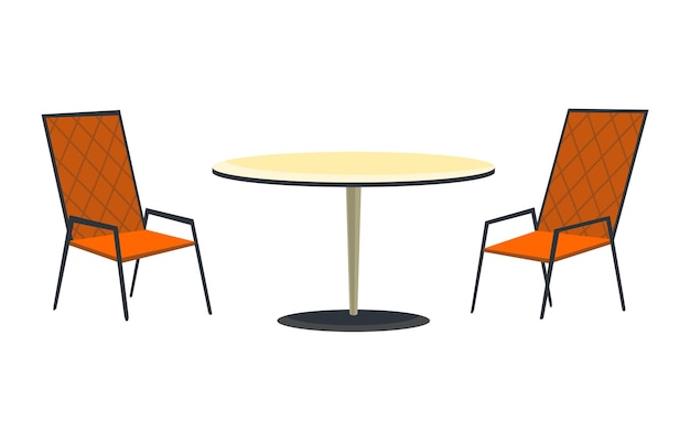 벡터 파티오 지역. 카페와 정원 가구 테이블과 의자는 흰색 배경에 격리되어 있습니다. 여름 야외 만남의 장소. 다방 또는 레스토랑 열린 공간.