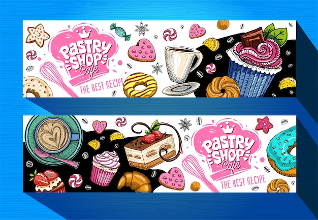 Patisserie café banners sjabloon. kleurrijke snoep etiketten, embleem. belettering, ontwerp, zoet, croissant, snoep, kleurrijk koekje, plons, koffie, krabbel, lekker. hand getekend