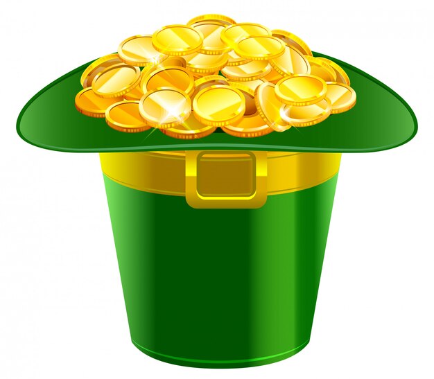 Patrick hat full of gold coins. Patrick green hat with gold buckle