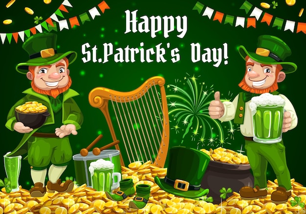 Vector patricks day irish leprechaun with beer and gold