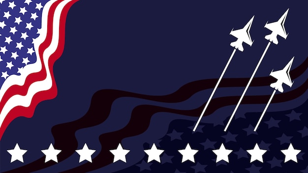 Patriot dag achtergrond met kopie ruimte gebied. Illustratie van de vlag van de Verenigde Staten en het silhouet van jet