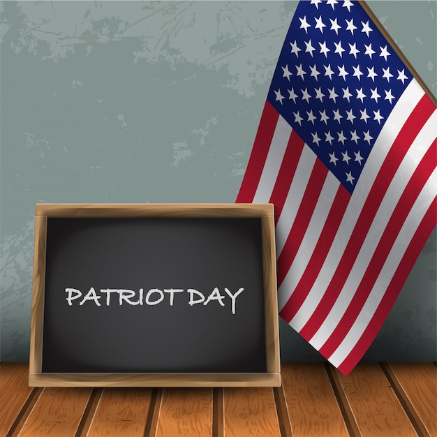 Patriot day backboard with usa national flag on blue wall background with wooden flor vector illustration.