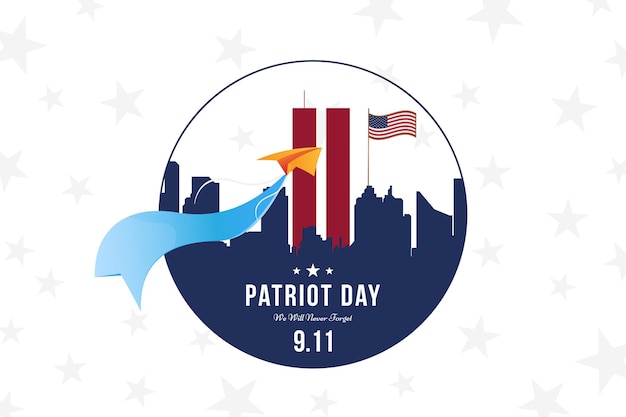 Patriot Day september 11. 2001 We will never forget. Font inscription with city silhouette on a background. Banner to the day of memory of the American people. Flat element EPS 10