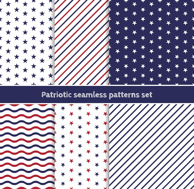 Patriotic american seamless patterns set with stripes and stars in traditional red, blue and white colors.