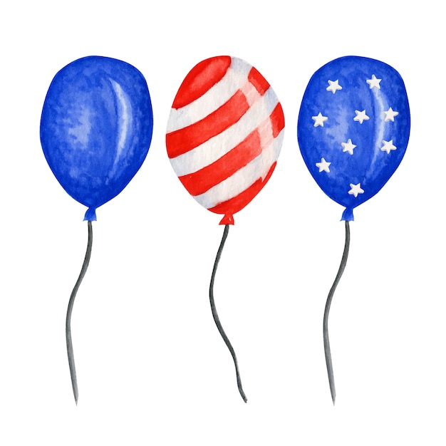 Palloncino patriottico. quarto di luglio festa dell'america dell'acquerello festa dell'indipendenza della decorazione usa. blue red stars striscia bandiere americane in una sorta di palloncini