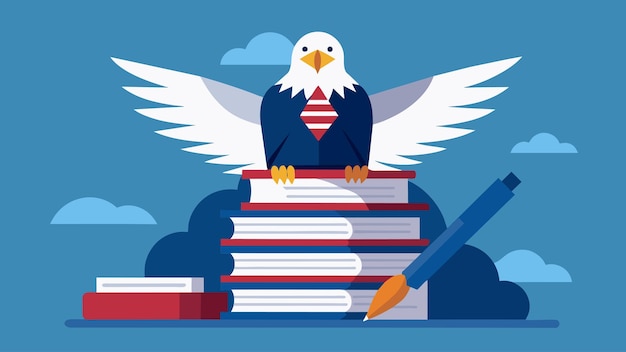 The patriotic image of a bald eagle perched atop a stack of officiallooking papers with a quill pen