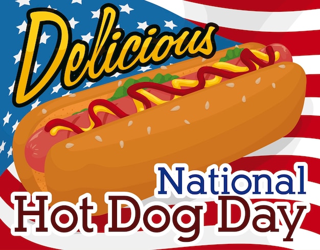 アメリカ合衆国国旗とホットドッグはその祝賀の日を宣伝しています