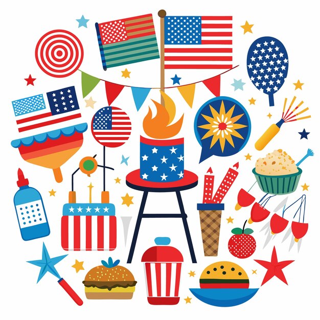アメリカの国愛の祝日 旗や花火 バーガーや星
