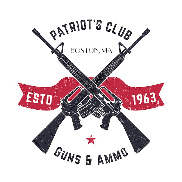 Patriots club vintage logo with crossed guns, gun shop vintage sign with assault rifles, gun store emblem on white