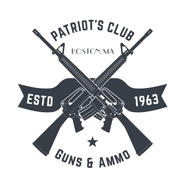 Patriotten club vintage logo met automatische geweren, vintage wapenwinkel bord met aanvalsgeweren, wapenwinkel embleem geïsoleerd op wit,