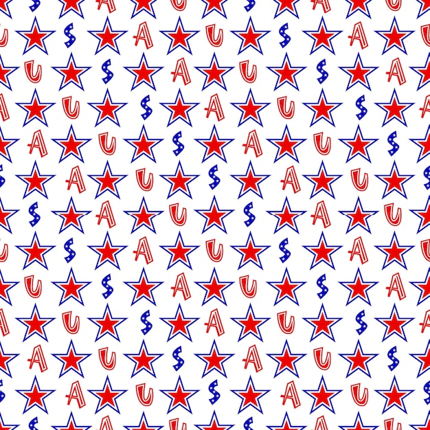 Vettore modello senza cuciture patriotuc con stelle rosso blu bianco colori di bandiere americane e lettere usa4th of july concept