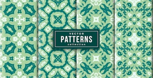 Patroon batik stijl groene en witte kleuren set van vier. naadloze achtergrond set