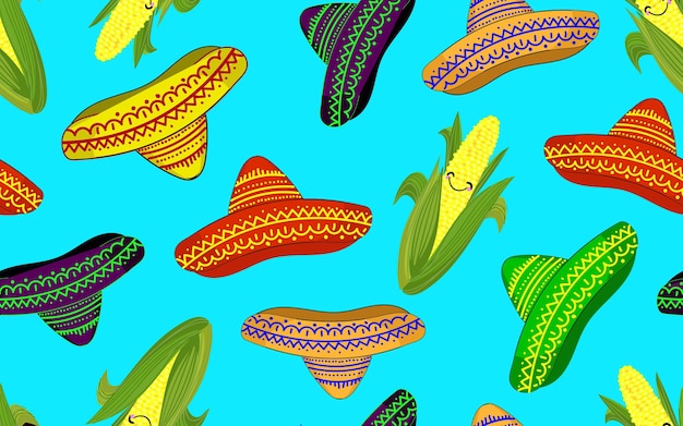 Patroon in Mexicaanse stijl Patroon naadloos patroon met sombrero en maïs Kan worden gebruikt als achtergrond inpakpapier om stoffen enz