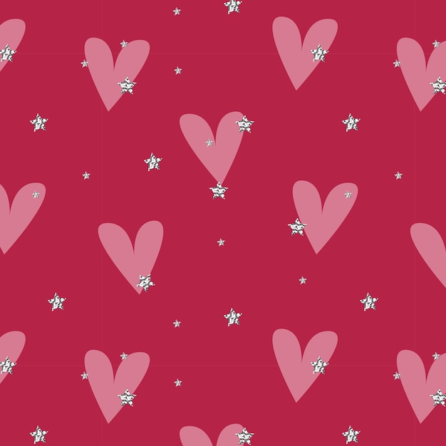 Patroon Love and Passion Viva Magenta kleur van het jaar 2023, gouden sterren, roze hartjes. Valentijnsdag