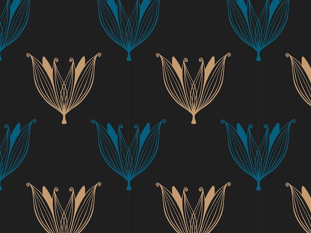 Patroon luxe bloemen doodle blauwe en gouden kleur op donkere achtergrond.