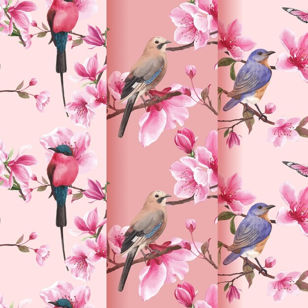 Patroon met bloesem vogel conceptontwerp aquarel illustratie