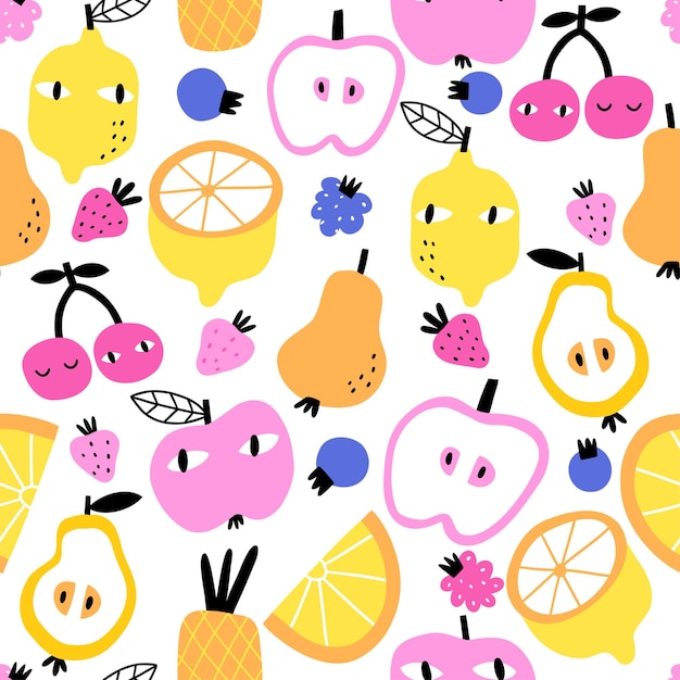 Patroon met fruit, peren, appels, kersen, citroenen, kinderontwerp van stofpapier enz. Vectorillustratie