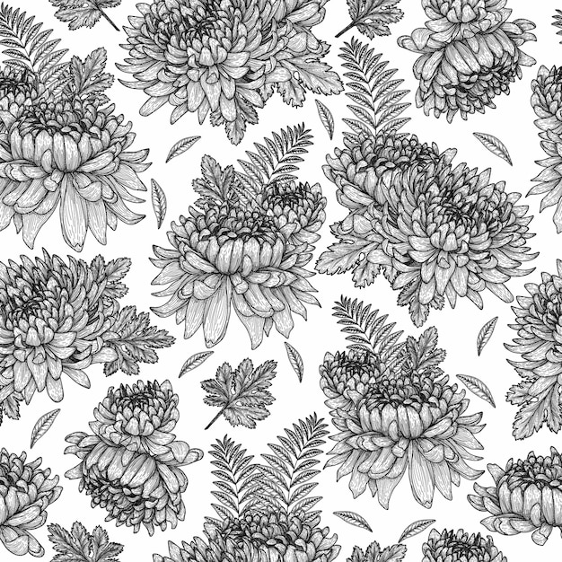 Patroon met grafische lineaire chrysant bloemen en bladeren